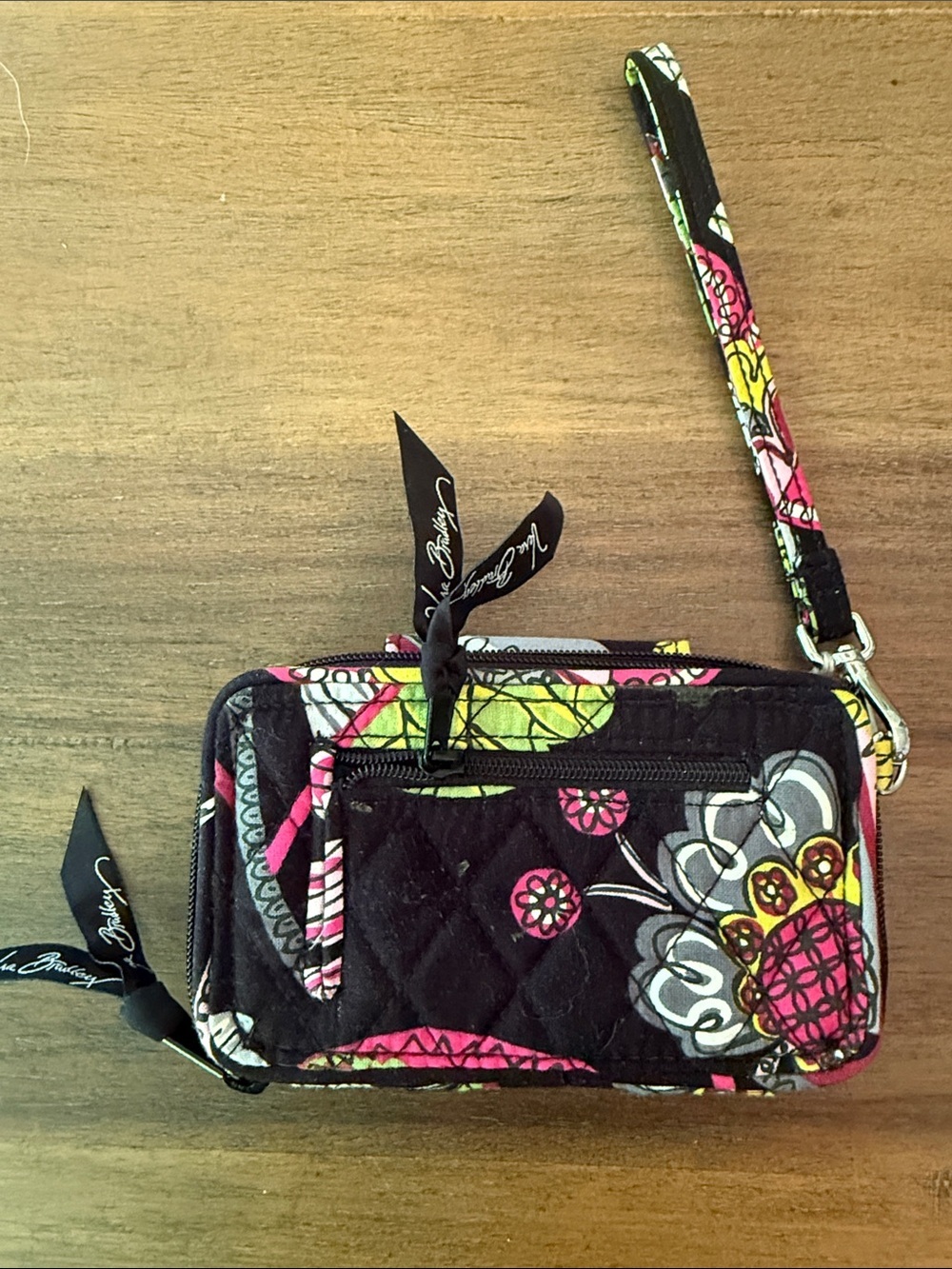 Vera Bradley Black Quilted Wristlet with Pink, Yellow & Green Floral Print - Picture 2 of 10